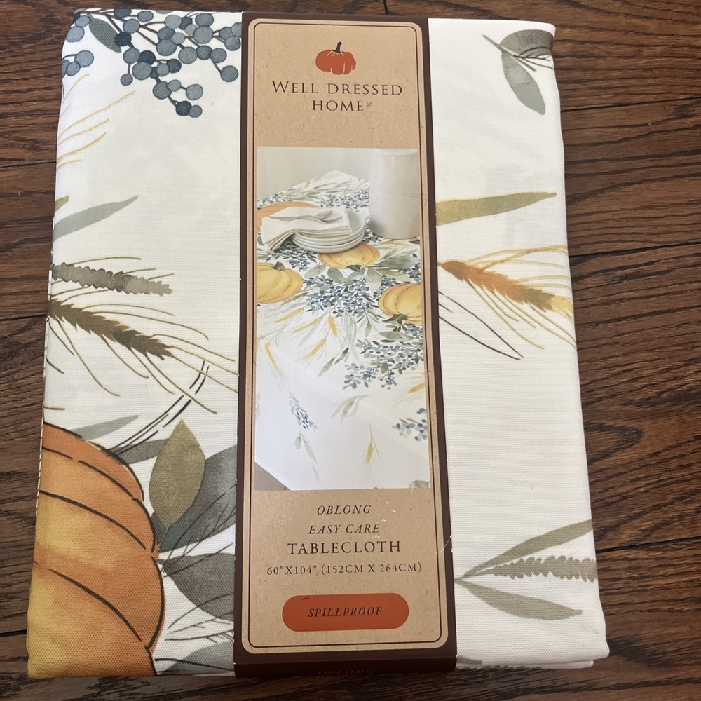 Well Dressed Home Easy Care Tablecloth Pumpkin Leaves Cattails Oblong 60"X104"